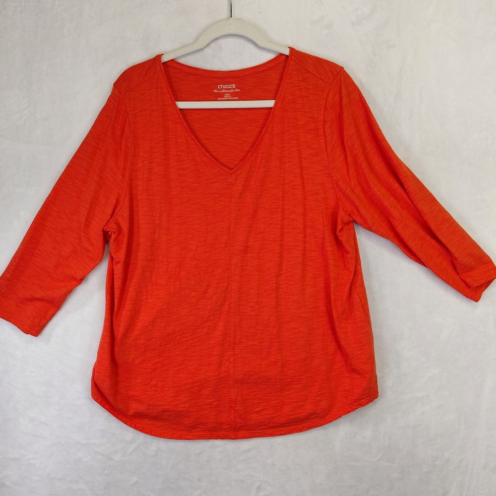 Chicos The Ultimate Tee Orange V-Neck 3/4 Sleeve Slub Knit Top Size 3 L/XL